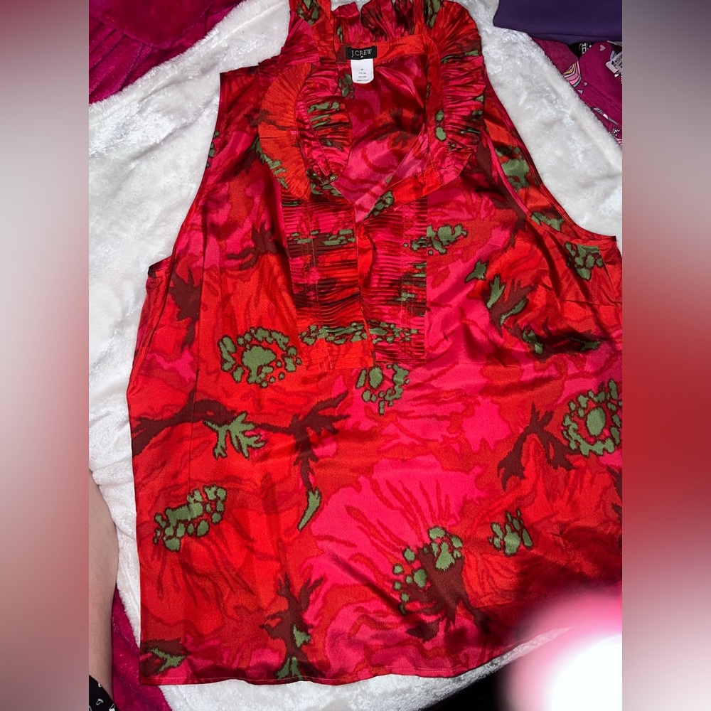 J. Crew Red and Green Silk Top